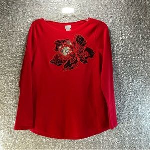 Chicos 0, Small Woman Knit Top Red Long Sleeve Flower Stretch Soft Rayon Blend